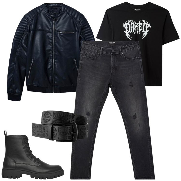 Outfit uomo - Total look #2265286. Stile Biker Rock per Serata speciale. Abbinamento con cinture, giacche, jeans strappati, t-shirt, anfibi.