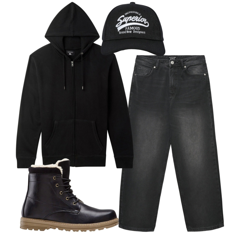 Outfit uomo - Total look #2265288. Stile Urban per Tutti i giorni. Abbinamento con stivali e stivaletti, felpe con cappuccio, cappelli con visiera, jeans dritti.