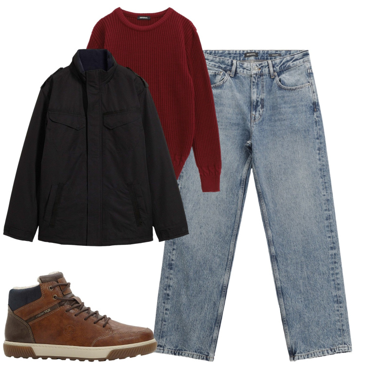 Outfit uomo - Total look #2265289. Stile Casual per Tutti i giorni. Abbinamento con sneakers alte, giacche, maglieria, jeans dritti.