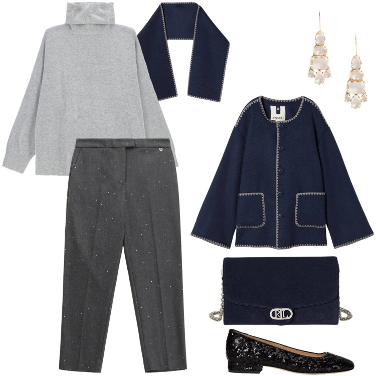Outfit donna - La giacca in lana - Ufficio - Serata. Stile Casual chic per Ufficio. Abbinamento con blazer, pantaloni, maglieria, ballerine, borse a tracolla, orecchini.