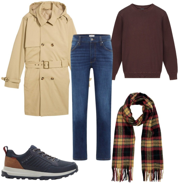 Outfit uomo - Il rench color cammello. Stile Trendy per Tutti i giorni. Abbinamento con jeans dritti, sneakers, trench, maglieria, sciarpe.