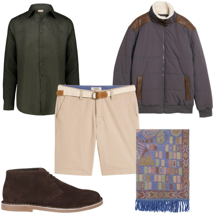 Outfit uomo - Un tocco di cammello : bermuda. Stile Trendy per Tutti i giorni. Abbinamento con bermuda, giacche, sciarpe, camicie, stivali e stivaletti.