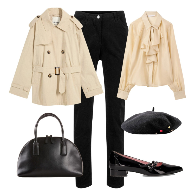 Outfit donna - Passeggiata tra i borghi Parigini!. Stile Vintage retrò per Tutti i giorni. Abbinamento con pantaloni, cappelli e berretti, trench, shopping bag, camicie, ballerine.