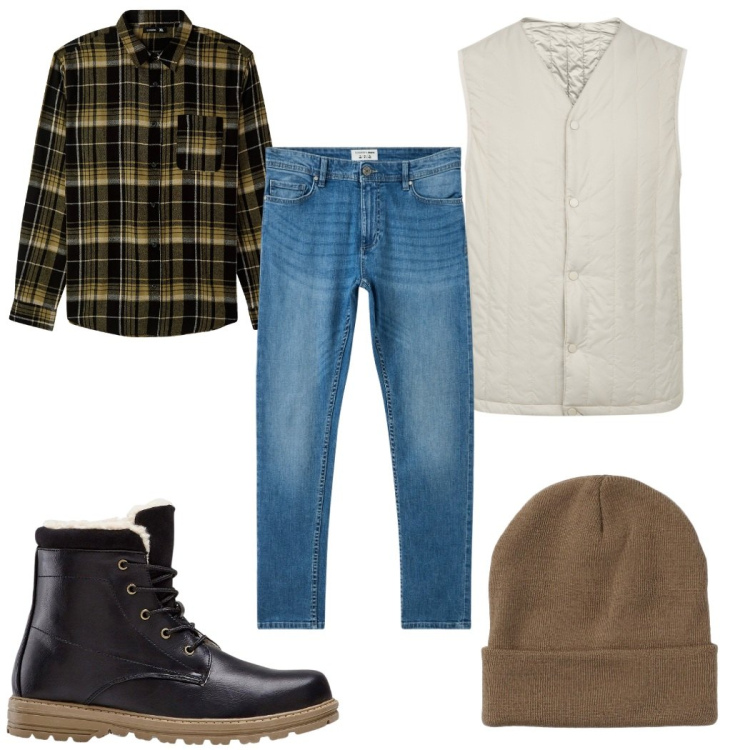 Outfit uomo - Weekend in campagna: la camicia a quadri. Stile Casual per Tutti i giorni. Abbinamento con stivali e stivaletti, jeans skinny, camicie, berretti, piumini.