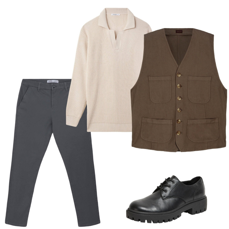 Outfit uomo - Ottobre. Stile Casual per Tutti i giorni. Abbinamento con scarpe stringate, pantaloni chino, maglieria, gilet.