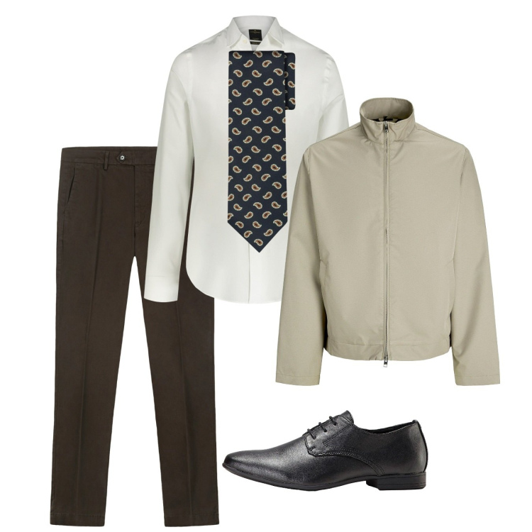 Outfit uomo - Ufficio. Stile Casual per Ufficio. Abbinamento con scarpe stringate, giacche, camicie, pantaloni chino, cravatte.