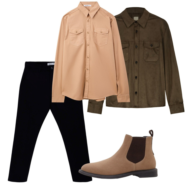 Outfit uomo - Toni ambrati. Stile Casual per Tutti i giorni. Abbinamento con stivali e stivaletti, pantaloni chino, camicie, giacche.