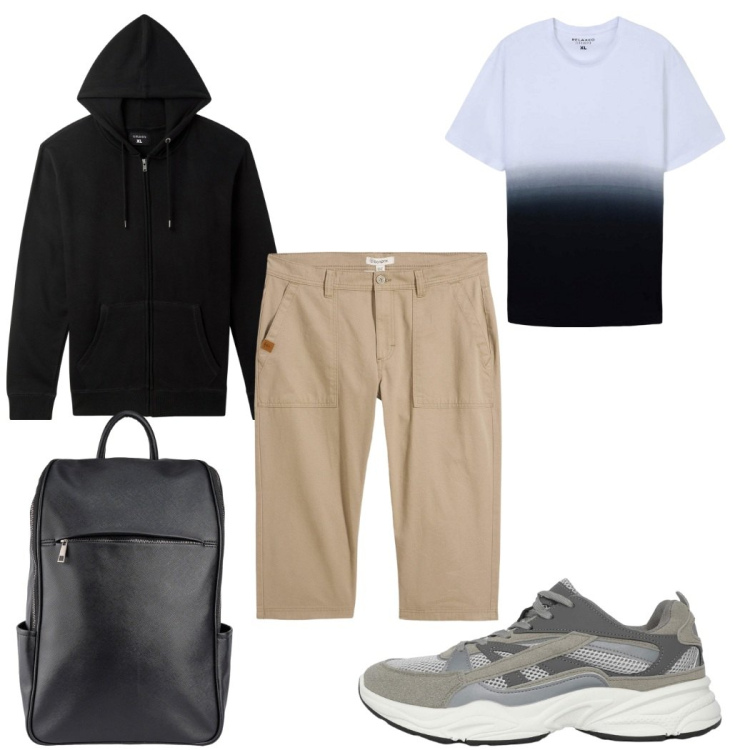 Outfit uomo - Il weekend in campagna è low cost. Stile Trendy per Tutti i giorni. Abbinamento con bermuda, felpe con cappuccio, sneakers, t-shirt, borse sportive.