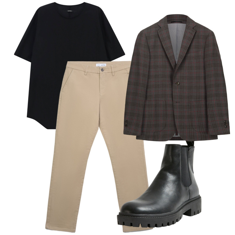 Outfit uomo - Ottobre. Stile Casual per Tutti i giorni. Abbinamento con stivali e stivaletti, pantaloni chino, t-shirt, giacche.