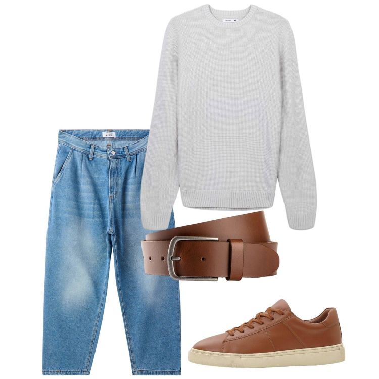 Outfit uomo - Autunno easy. Stile Casual per Tutti i giorni. Abbinamento con cinture, sneakers, jeans, maglieria.