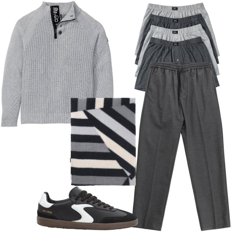 Outfit uomo - Total look #2265315. Stile Casual per Tutti i giorni. Abbinamento con maglieria, boxer, sneakers, sciarpe, pantaloni.