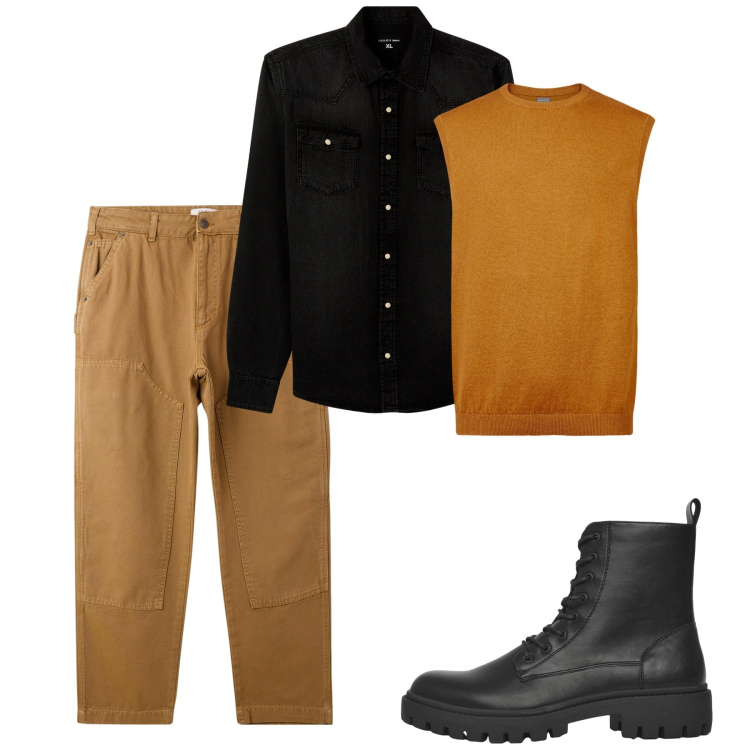 Outfit uomo - Autunno. Stile Casual per Tutti i giorni. Abbinamento con camicie, pantaloni, anfibi, gilet.