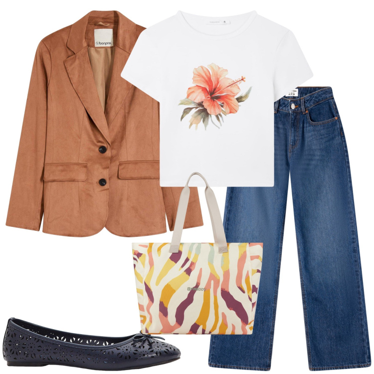 Outfit donna - Un tocco di arancione. Stile Trendy per Tutti i giorni. Abbinamento con ballerine, blazer, jeans, t-shirt, shopping bag.