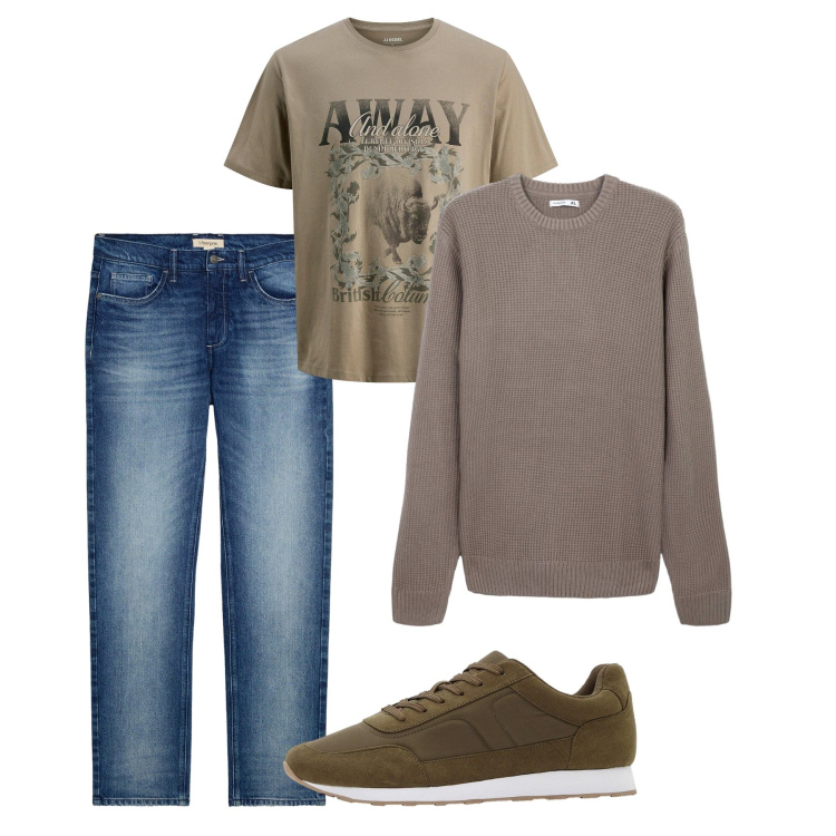 Outfit uomo - Ottobre. Stile Casual per Tutti i giorni. Abbinamento con jeans dritti, sneakers, maglieria, maglieria.