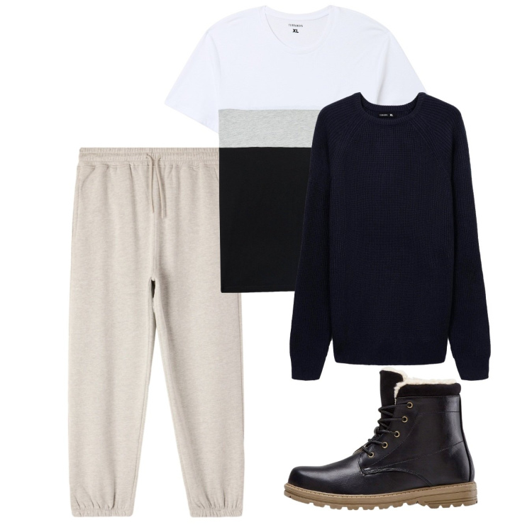 Outfit uomo - Ottobre. Stile Casual per Tutti i giorni. Abbinamento con stivali e stivaletti, t-shirt, maglieria, pantaloni.