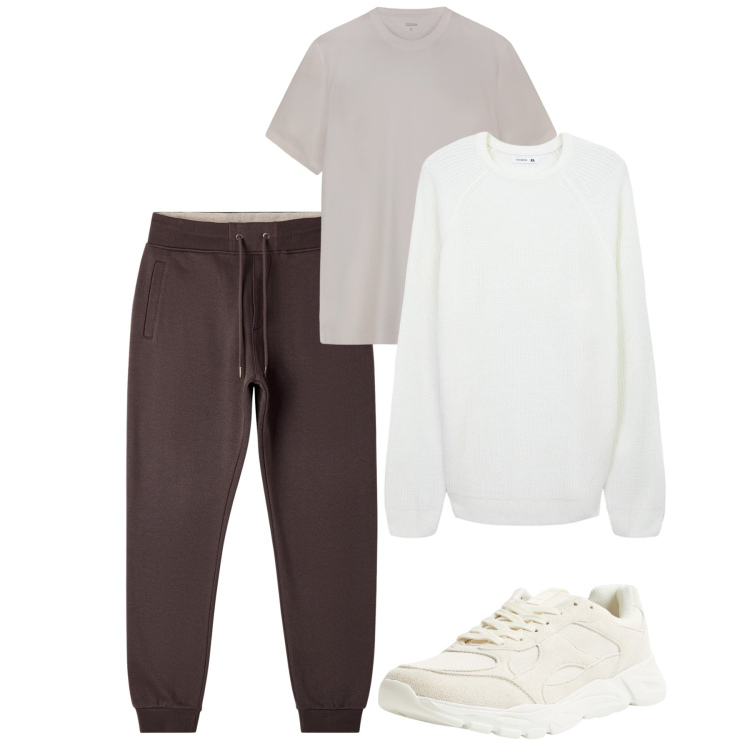 Outfit uomo - Autunno panna e marrone. Stile Casual per Tutti i giorni. Abbinamento con sneakers, pantaloni, maglieria, t-shirt.