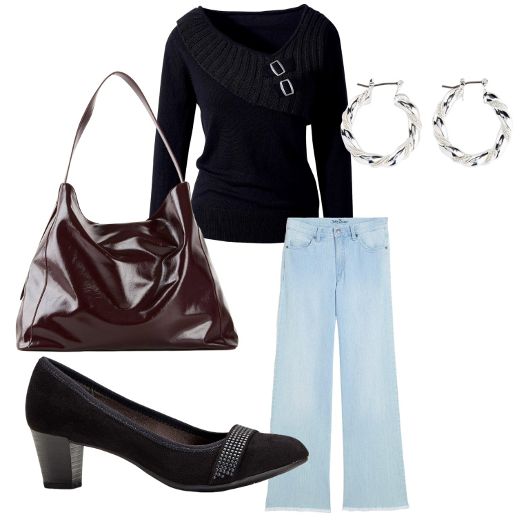 Outfit donna - Autunno bonprix. Stile 70s per Serata fuori. Abbinamento con décolleté, jeans, orecchini, shopping bag, maglieria.