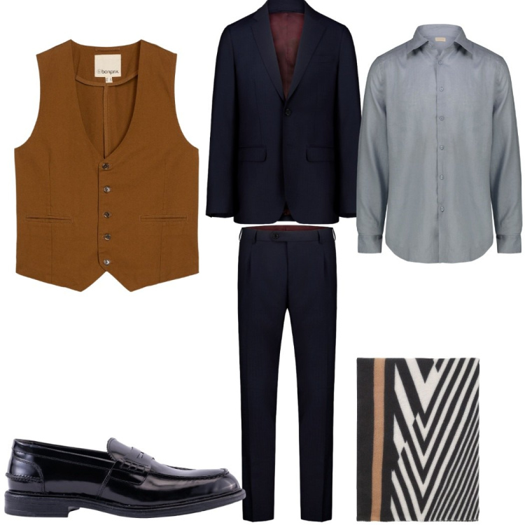 Outfit uomo - Stasera glamour elegante. Stile Business/Elegante per Serata speciale. Abbinamento con gilet, sciarpe, camicie, scarpe stringate, abiti.