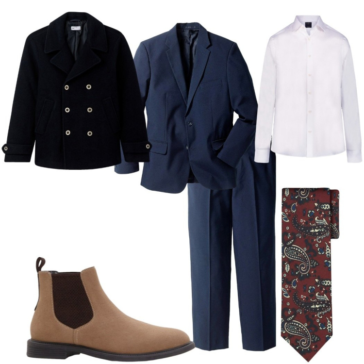 Outfit uomo - Glamour discreto con la cravatta. Stile Business/Elegante per Cerimonia. Abbinamento con abiti, stivali e stivaletti, cappotti, camicie, cravatte.
