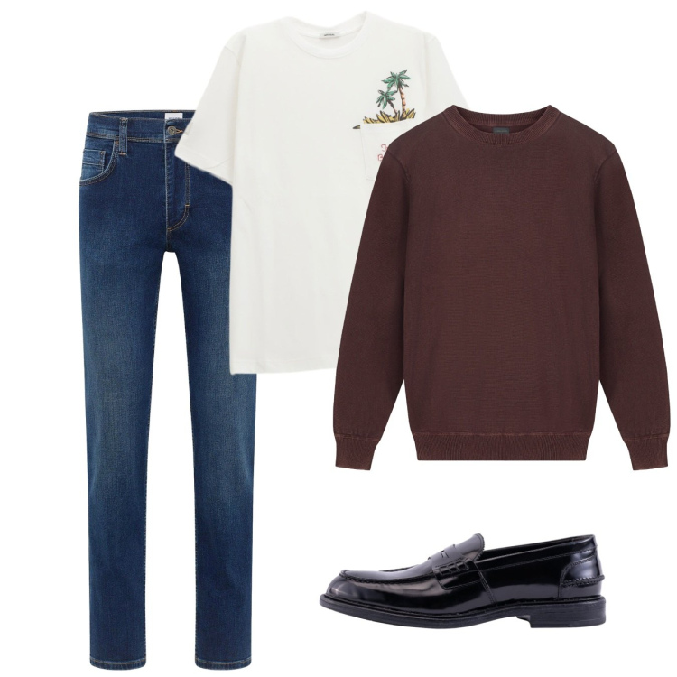 Outfit uomo - Autunno. Stile Casual per Tutti i giorni. Abbinamento con jeans dritti, t-shirt, maglieria, scarpe stringate.