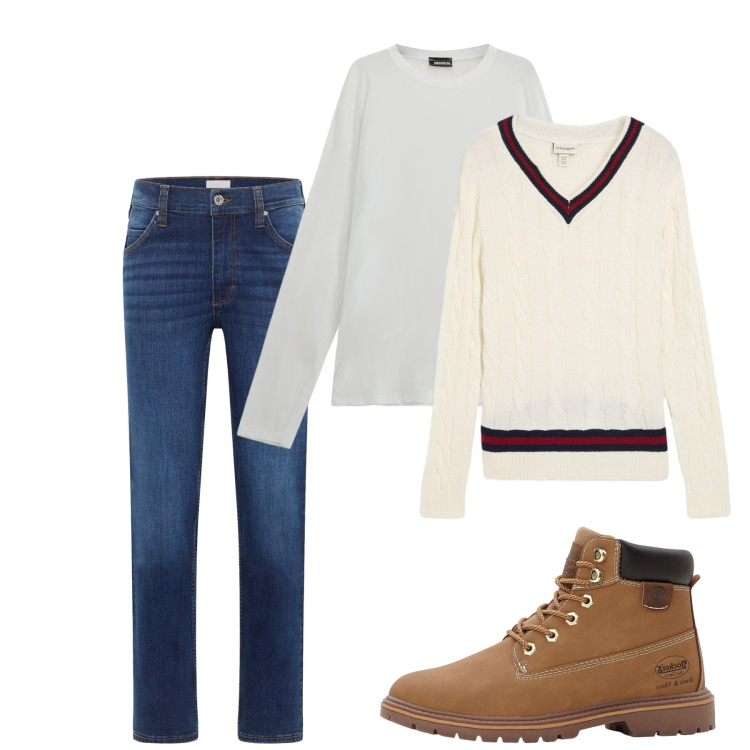 Outfit uomo - Ottobre. Stile Casual per Tutti i giorni. Abbinamento con jeans dritti, stivali e stivaletti, maglieria, maglieria.