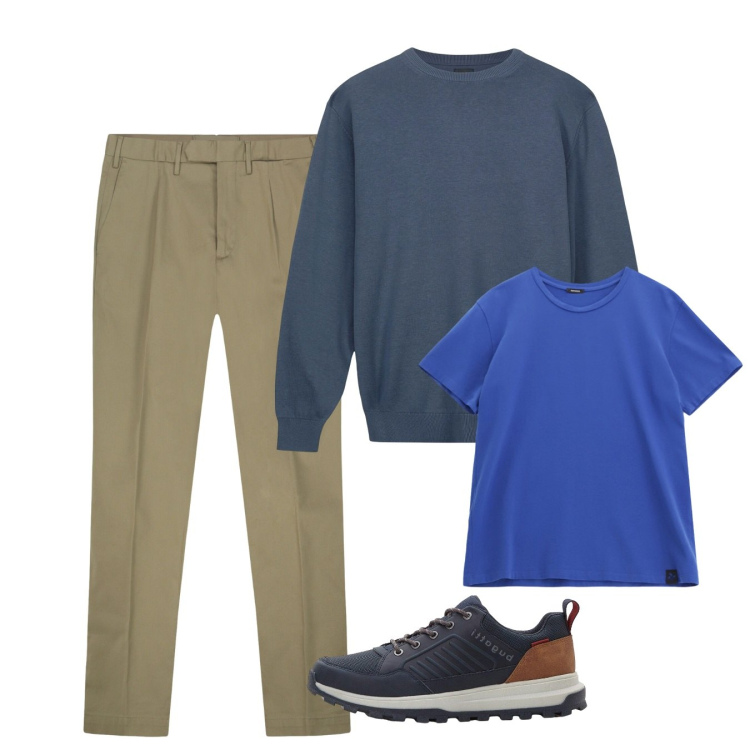 Outfit uomo - Ottobre. Stile Casual per Tutti i giorni. Abbinamento con sneakers, t-shirt, maglieria, pantaloni.