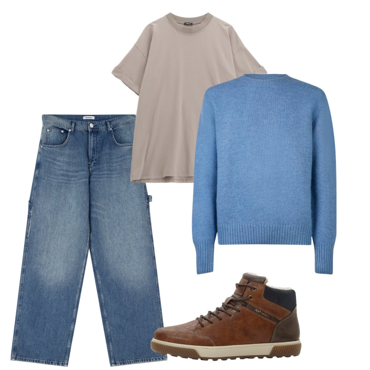Outfit uomo - Autunno azzurro. Stile Casual per Tutti i giorni. Abbinamento con sneakers alte, jeans, t-shirt, maglieria.