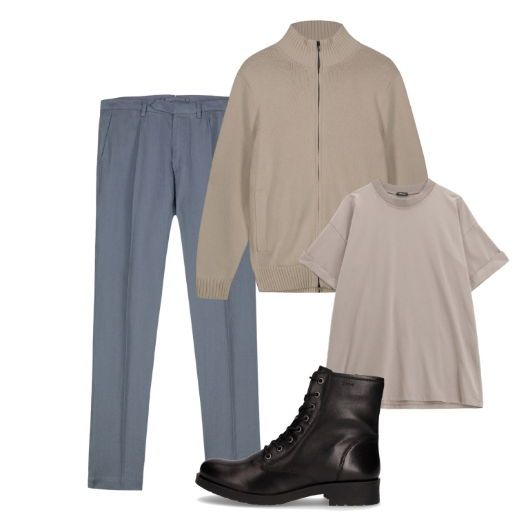 Outfit uomo - Ottobre. Stile Casual per Tutti i giorni. Abbinamento con t-shirt, pantaloni, stivali e stivaletti, cardigans.