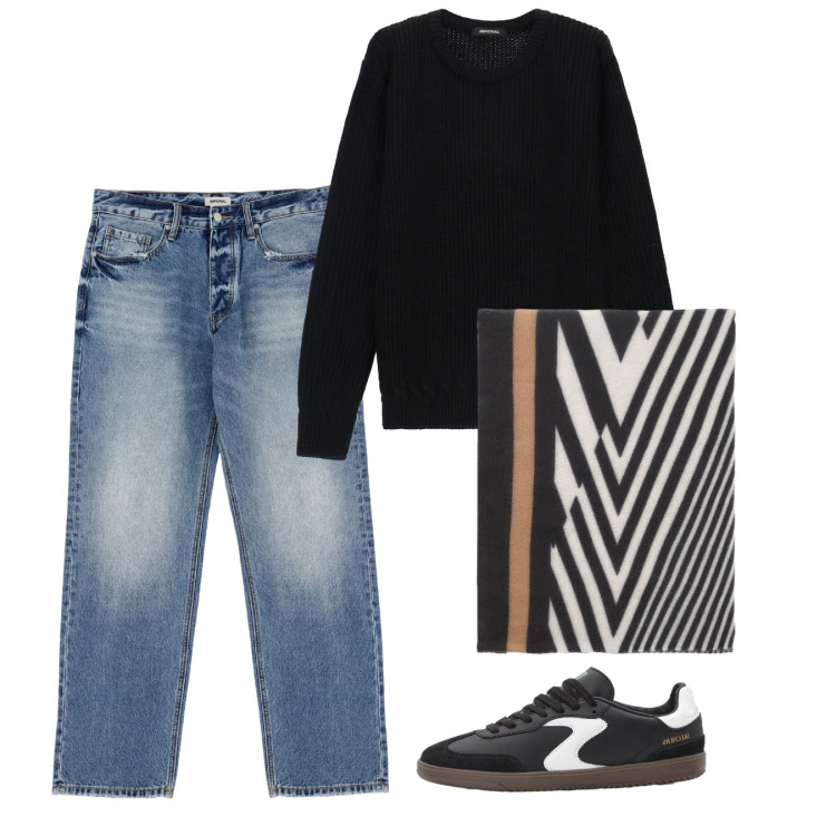 Outfit uomo - Ottobre. Stile Casual per Tutti i giorni. Abbinamento con sneakers, jeans, maglieria, sciarpe.