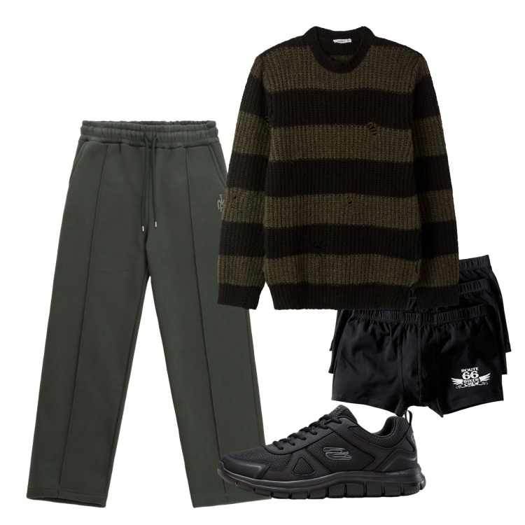 Outfit uomo - Ottobre. Stile Casual per Tutti i giorni. Abbinamento con boxer, sneakers, maglieria, pantaloni.