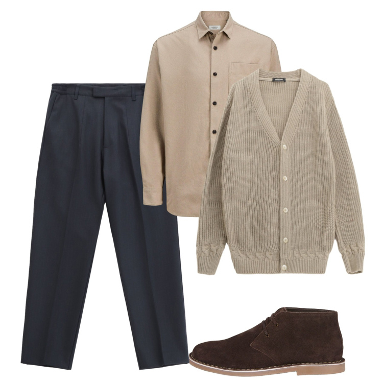 Outfit uomo - Ottobre. Stile Casual per Tutti i giorni. Abbinamento con camicie, pantaloni, cardigans, stivali e stivaletti.