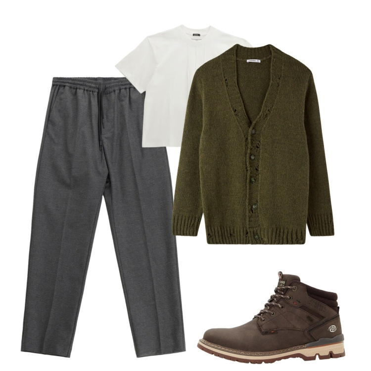 Outfit uomo - Ottobre. Stile Casual per Tutti i giorni. Abbinamento con stivali e stivaletti, cardigans, t-shirt, pantaloni.