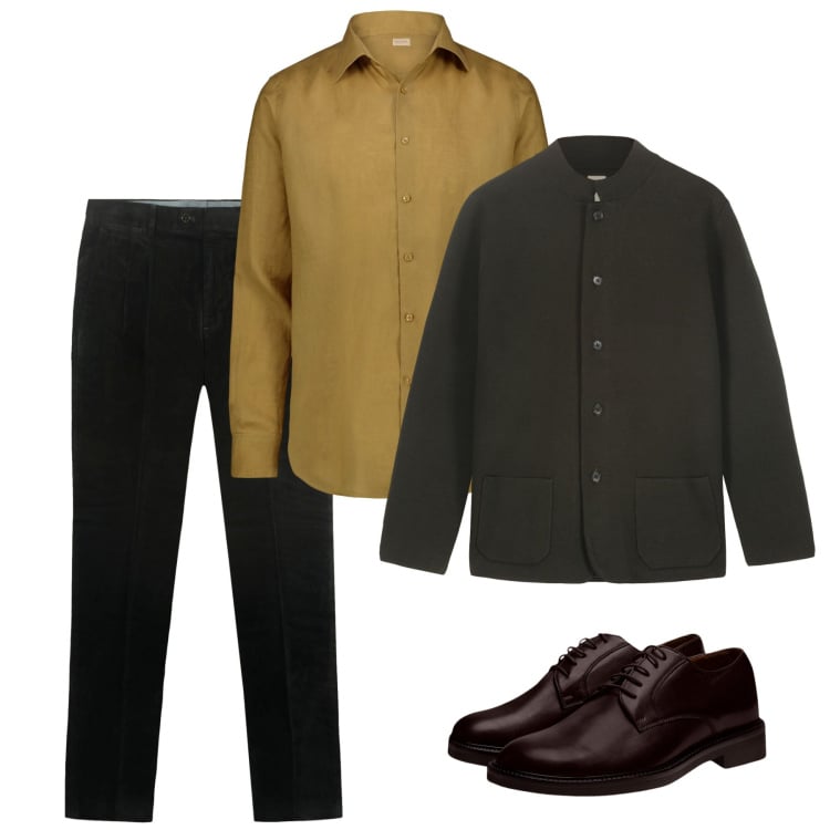 Outfit uomo - Senape di ottobre. Stile Casual per Serata speciale. Abbinamento con giacche, scarpe stringate, camicie, pantaloni.