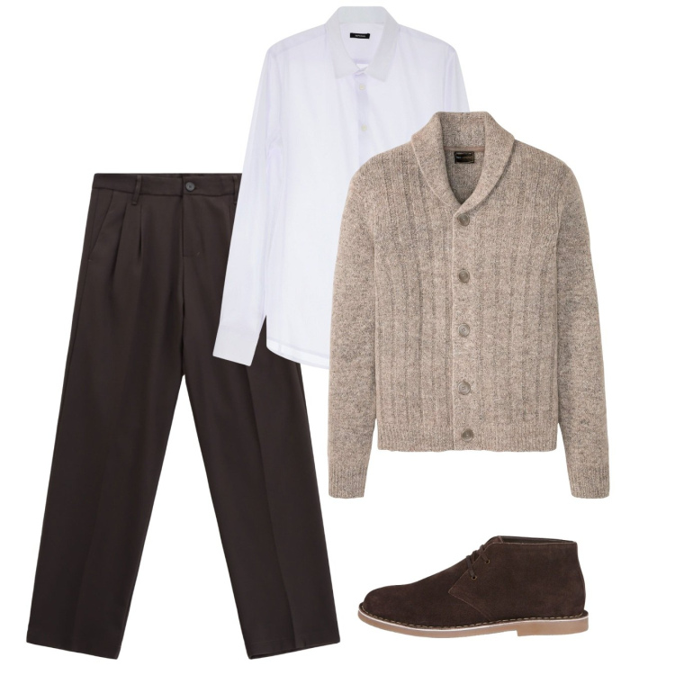Outfit uomo - Tempo di cardigan. Stile Casual per Tutti i giorni. Abbinamento con cardigans, camicie, pantaloni, stivali e stivaletti.