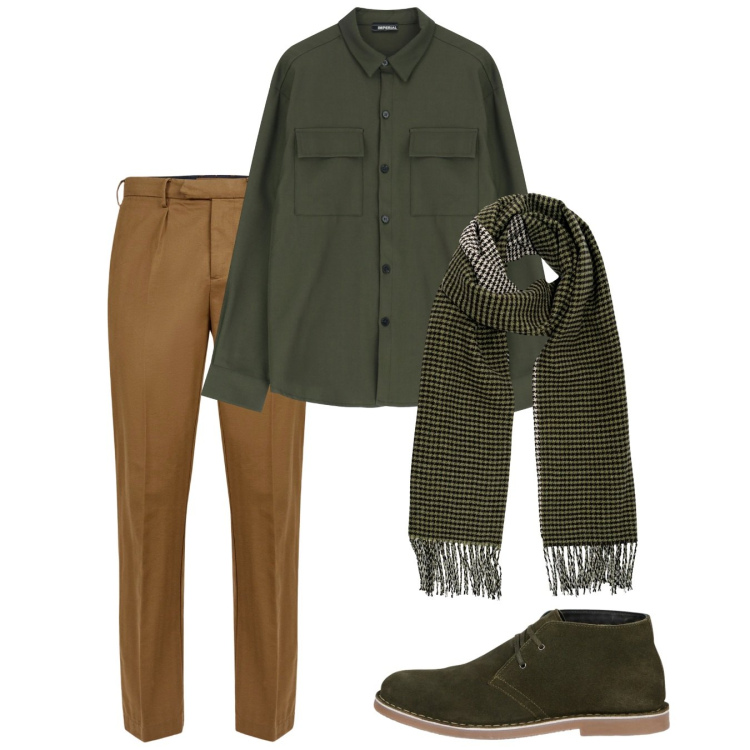 Outfit uomo - Muschio. Stile Casual per Tutti i giorni. Abbinamento con camicie, pantaloni, stivali e stivaletti, sciarpe.