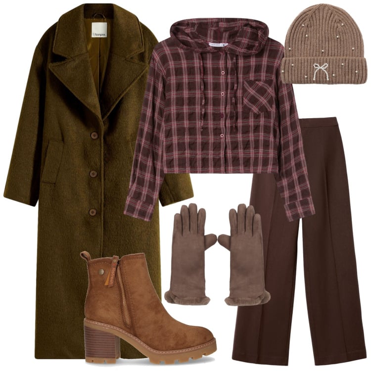 Outfit donna - Passeggiata tra le foglie. Stile Urban per Tutti i giorni. Abbinamento con cappotti, guanti, camicie, pantaloni, berretti, stivaletti.