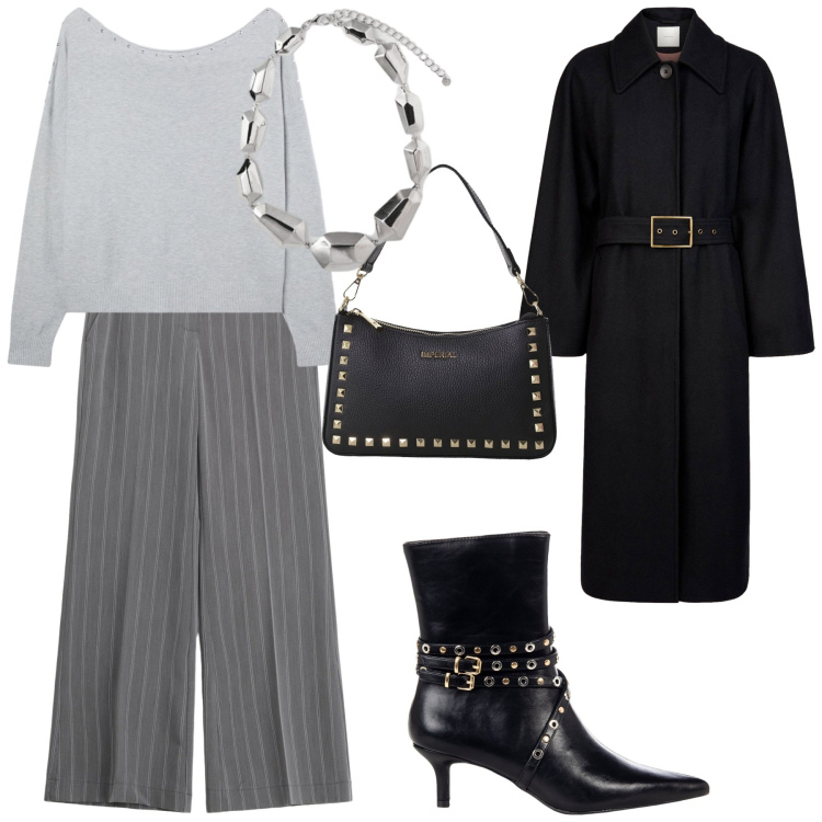 Outfit donna - Sabato di shopping. Stile Glamour per Tutti i giorni. Abbinamento con maglieria, stivaletti, pantaloni a palazzo, pochette, cappotti, ciondoli.