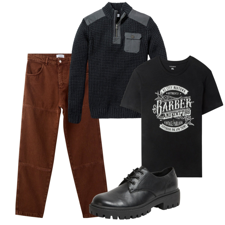 Outfit uomo - Autunno. Stile Urban per Tutti i giorni. Abbinamento con maglieria, scarpe stringate, pantaloni, t-shirt.