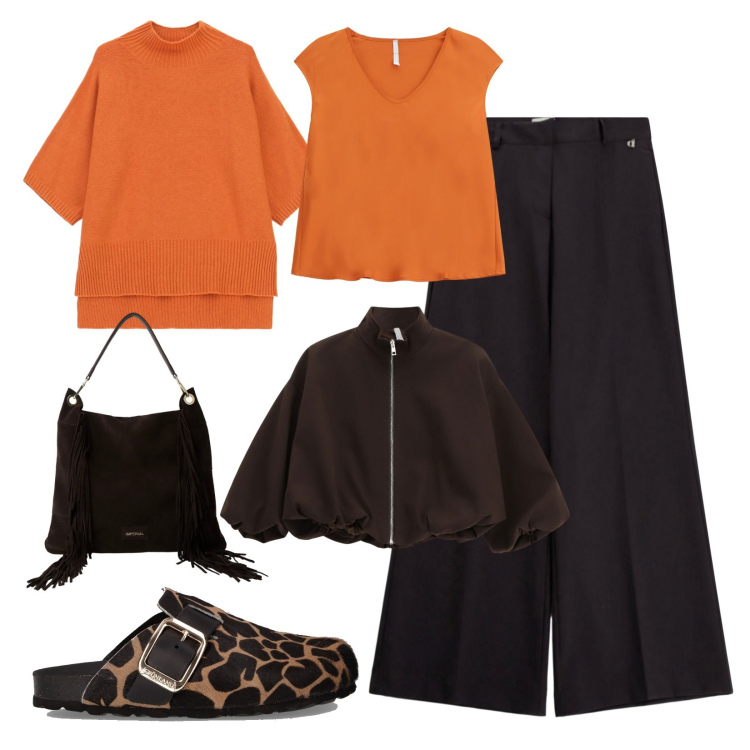 Outfit donna - Che combo!. Stile Urban per Tutti i giorni. Abbinamento con bomber, maglieria, borse a spalla, top, pantaloni a palazzo, sabot.