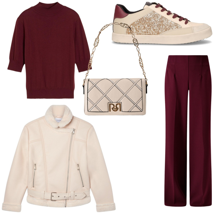 Outfit donna - Serata tra amiche. Stile Glamour per Serata fuori. Abbinamento con maglieria, bomber, pantaloni a palazzo, borse a tracolla, sneakers.