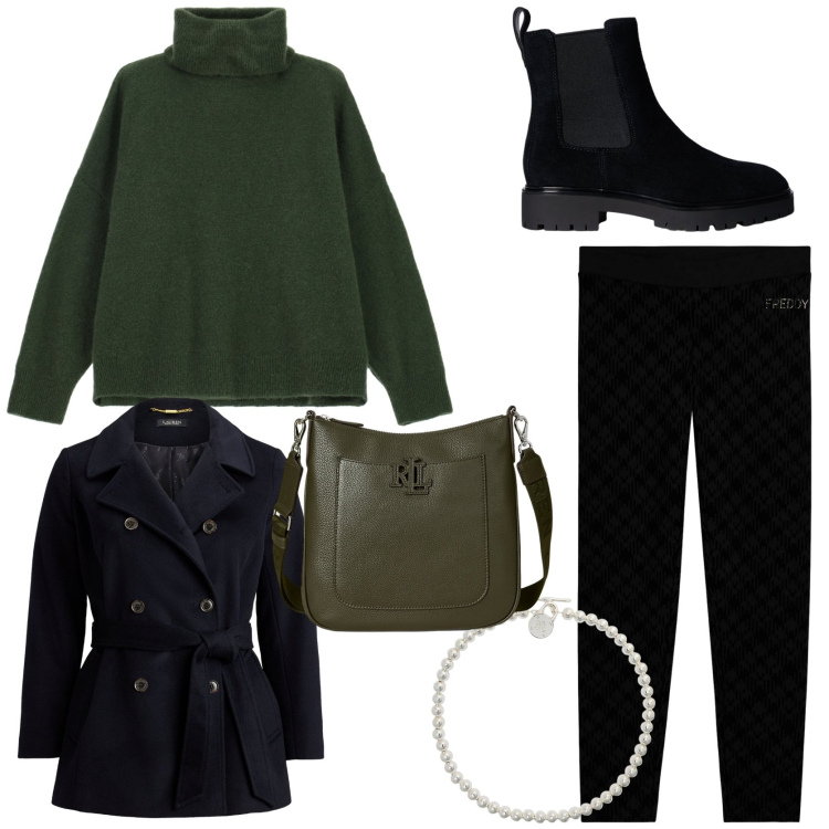 Outfit donna - Serata tra amiche. Stile Casual chic per Serata fuori. Abbinamento con maglieria, leggings, collane, borse a tracolla, stivaletti chelsea, cappotti.