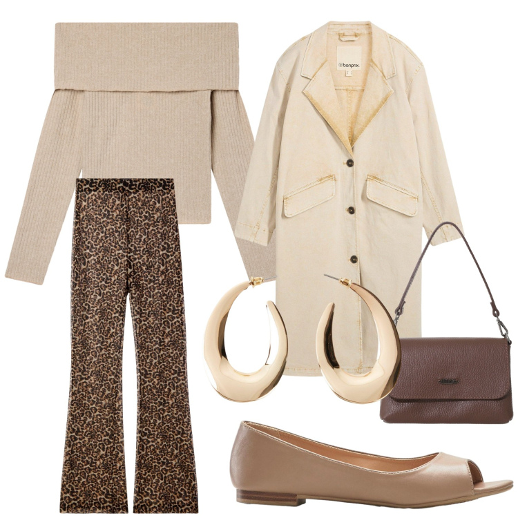 Outfit donna - Domenica pomeriggio. Stile Glamour per Tutti i giorni. Abbinamento con trench, orecchini, ballerine, maglieria, pantaloni, borse a tracolla.