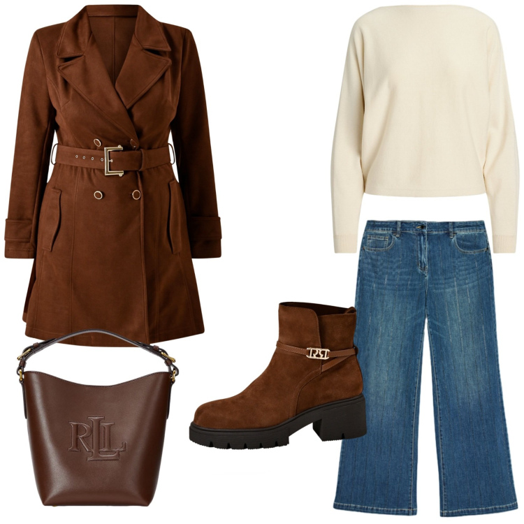 Outfit donna - Serata tra amiche. Stile Casual chic per Serata fuori. Abbinamento con stivaletti, trench, borse a secchiello, maglieria, jeans dritti.