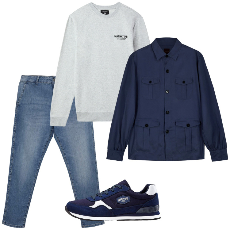 Outfit uomo - Autunno blu. Stile Casual per Tutti i giorni. Abbinamento con sneakers, felpe, jeans skinny, cappotti.