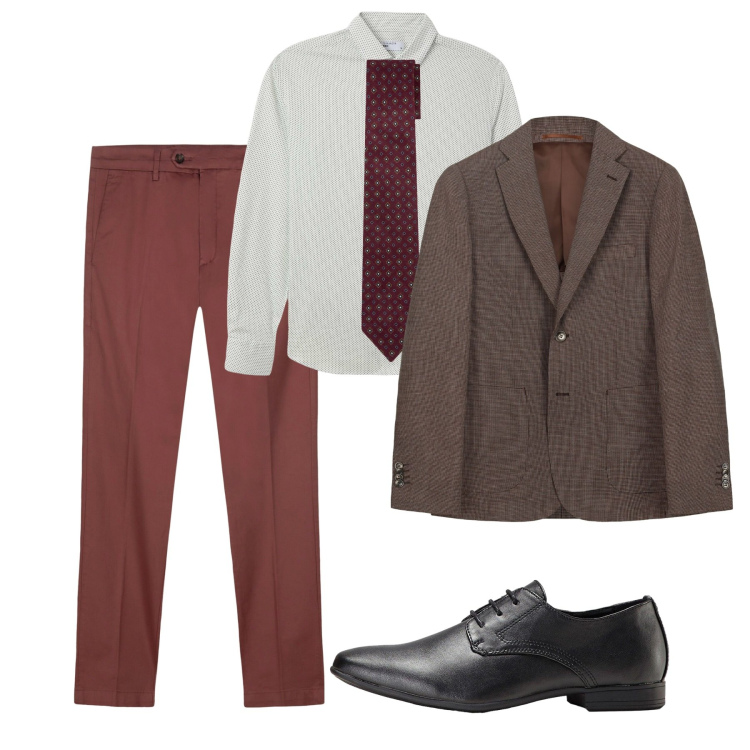 Outfit uomo - Autunno burgundy. Stile Business/Elegante per Serata speciale. Abbinamento con scarpe stringate, camicie, giacche, cravatte, pantaloni chino.