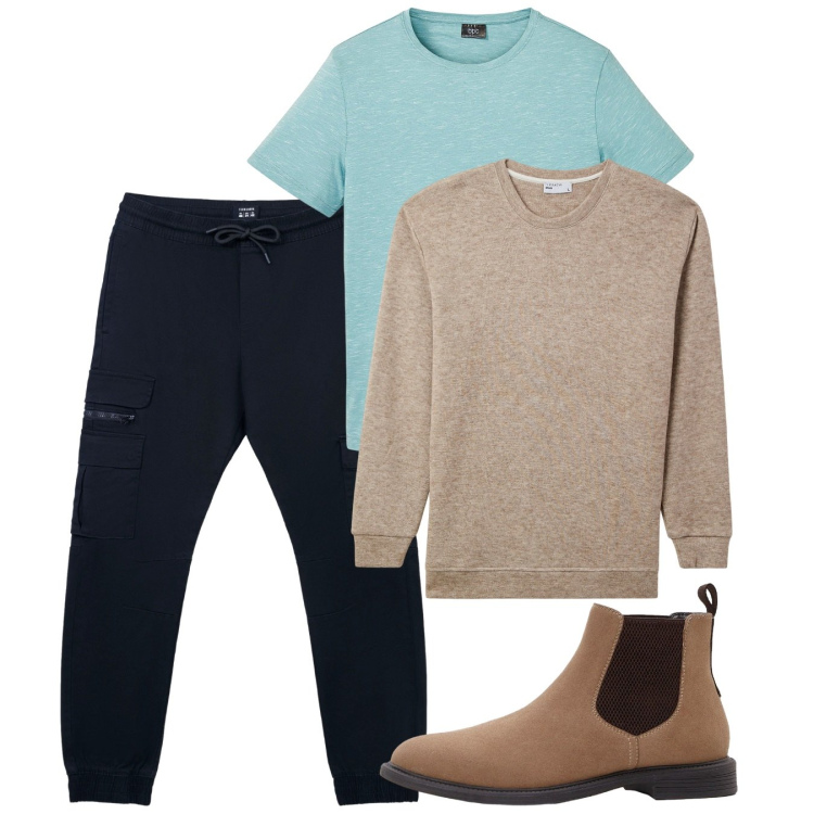 Outfit uomo - Ottobre. Stile Casual per Tutti i giorni. Abbinamento con t-shirt, stivali e stivaletti, pantaloni cargo, maglieria.
