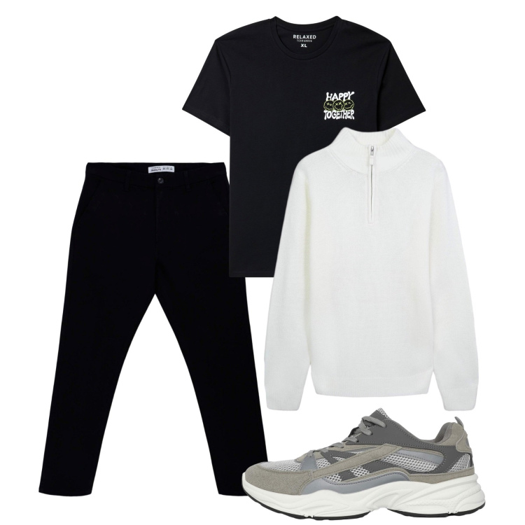 Outfit uomo - Ottobre. Stile Casual per Tutti i giorni. Abbinamento con pantaloni chino, sneakers, maglieria, t-shirt.