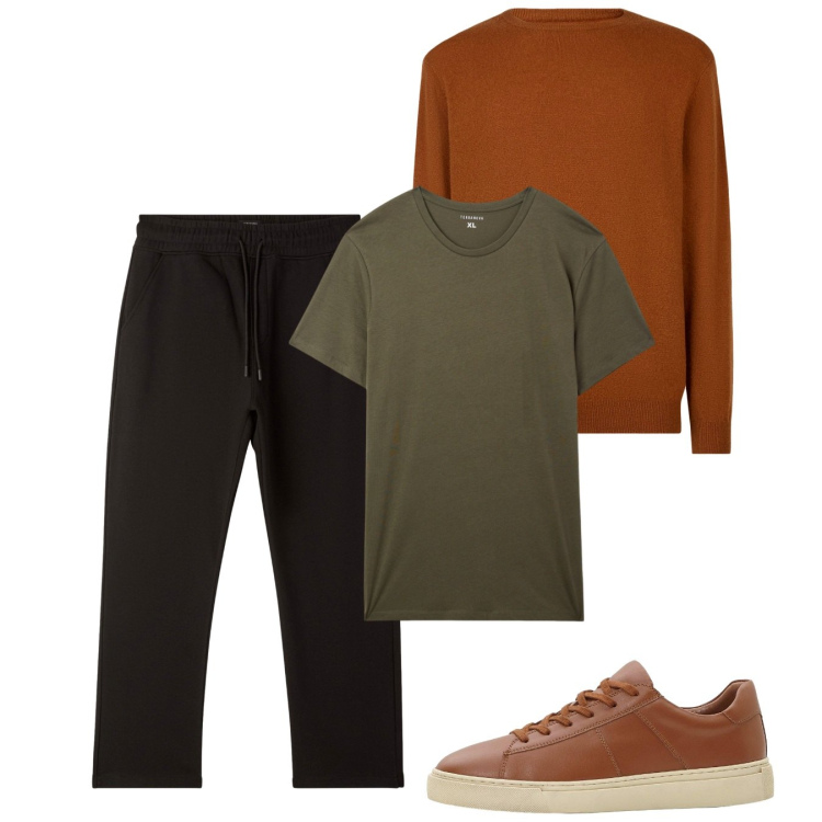 Outfit uomo - Foglie d\'autunno. Stile Casual per Tutti i giorni. Abbinamento con sneakers, t-shirt, pantaloni, maglieria.