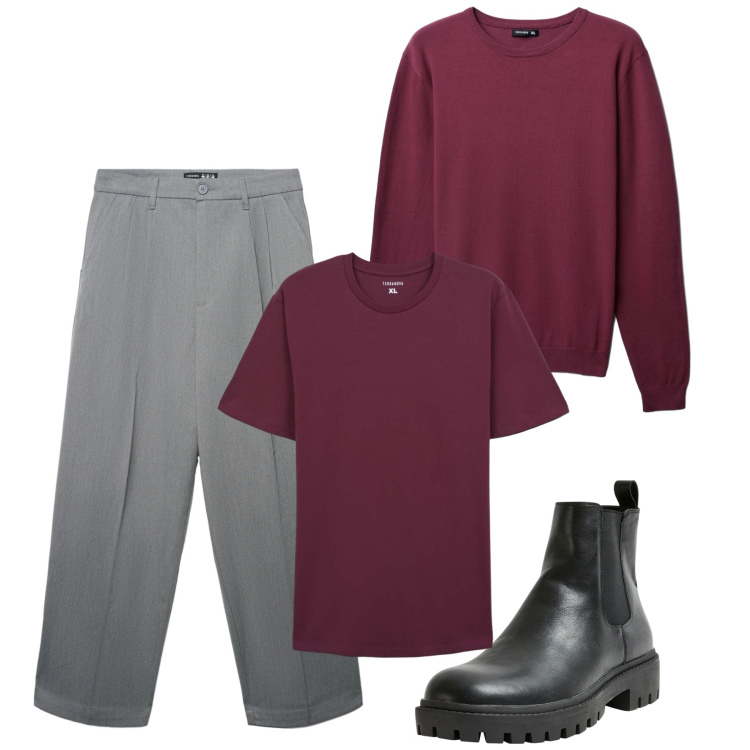 Outfit uomo - Wine. Stile Trendy per Serata speciale. Abbinamento con stivali e stivaletti, t-shirt, pantaloni, maglieria.