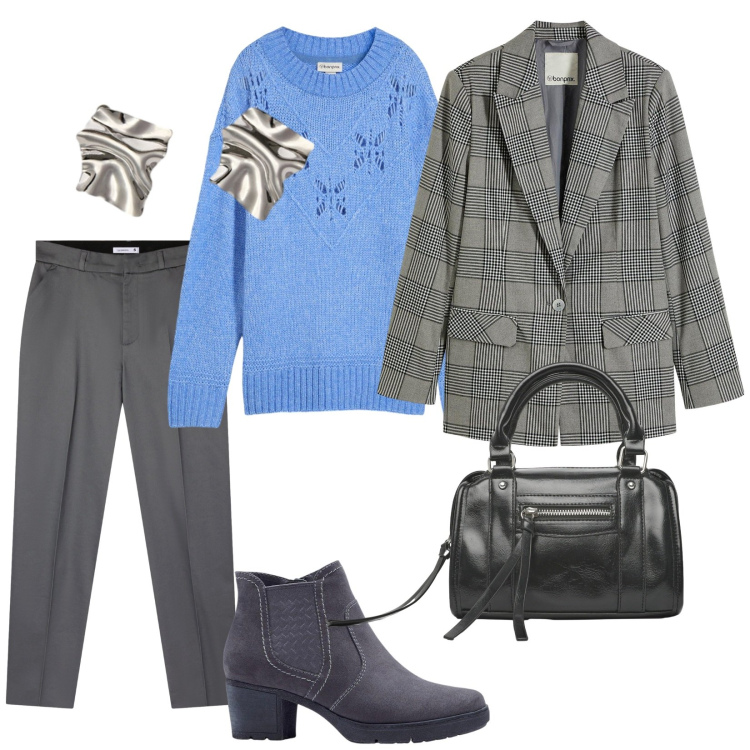 Outfit donna - Celeste e grigio. per Tutti i giorni. Abbinamento con maglieria, blazer, stivaletti, pantaloni chino, borse a mano, orecchini.